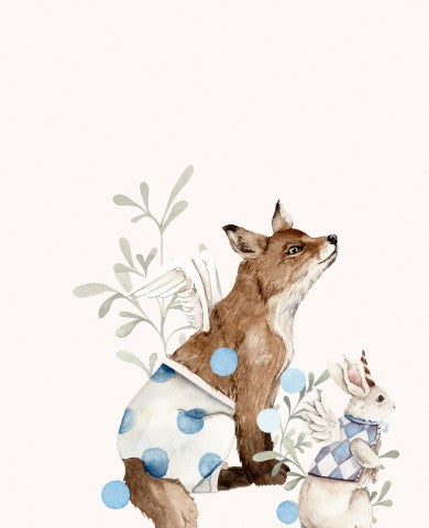 Muslin en akvarell illustration av en räv och en kanin