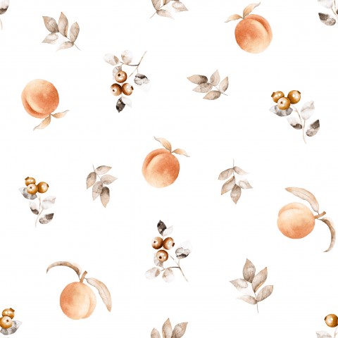 French Terry watercolor pattern with peaches and leaves