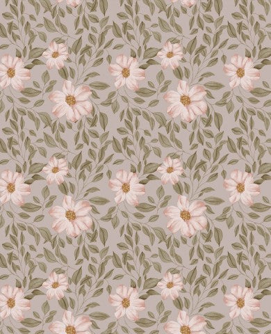 Deutlich Peach flowers auf dunkelbraunem Hintergrund - Baumwoll-Canvas-Meterware für einzigartige Nähprojekte, ideal für Kleidung, Taschen oder Accessoires.