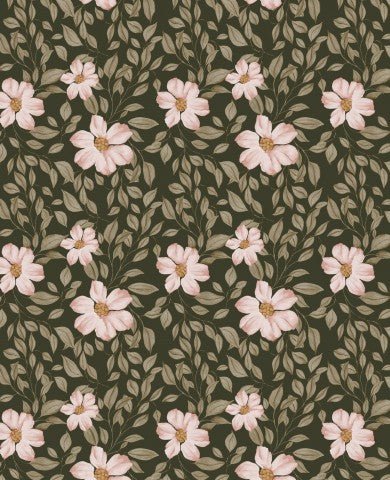 Jersey con estampado floral de flores rosas sobre fondo verde oscuro.