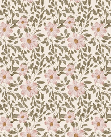 French Terry Blumenmuster mit rosa Blüten und Blättern