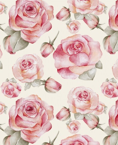 French Terry pink roses on white background