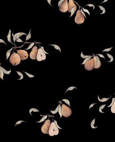 Rib Jersey a black background with pears and leaves