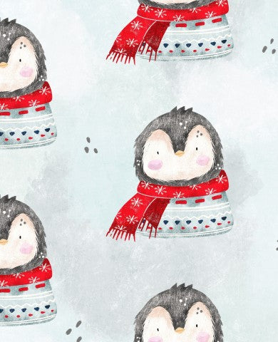 Satin cotton penguins wearing scarves and hats