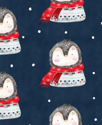 Satin cotton penguins wearing sweaters and scarves