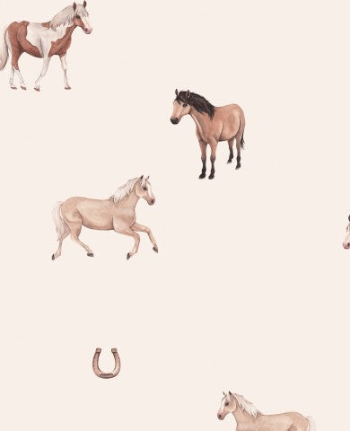 Satin cotton a pattern of horses and horseshoes on a white background