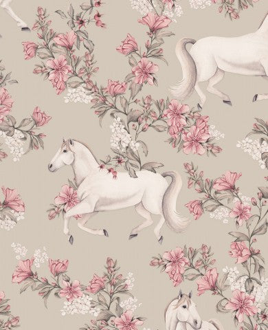 Waterproof fabric pink flowers and horses on beige fabric