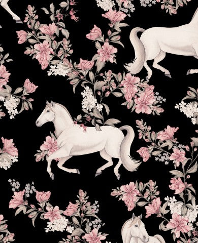 SoftShell un motivo bianco e nero con fiori rosa e cavalli