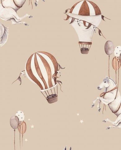 Canvas Baumwolle Pferde mit Luftballons beige - Jungen und Mädchen werden sich auf diese tolle Baumwoll-Meterware freuen! 100% naturbelassene Baumwolle, ideal