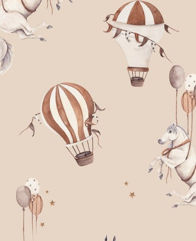 Höhere Qualität Baumwolle Canvas für Pferde mit Luftballons - hellbeige Meterware zum Nähen, ideal für Designer- und Modelltierpferde, einzigartiger Look durch