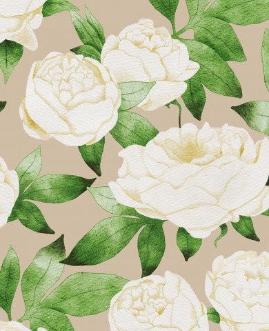 French Terry white peonies on beige background