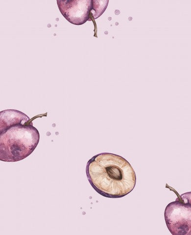French Terry Aquarellmuster mit Pflaumen auf rosa Hintergrund