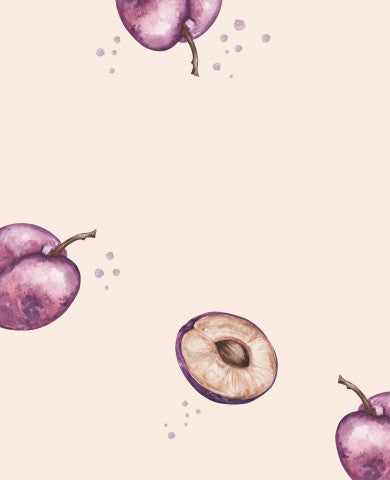 Waterdichte stof met een aquarelillustratie van pruimen op een roze achtergrond
