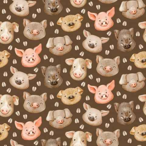 SoftShell pattern of pigs and cows on a brown background