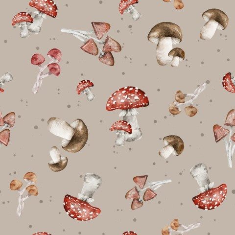 Waterdichte stof met paddenstoelen en champignons op beige achtergrond