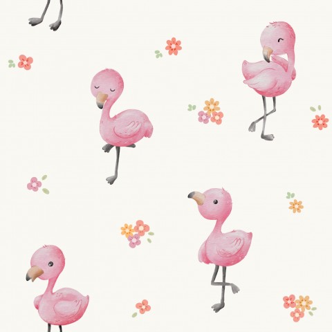 French Terry pink flamingos on white background with flowers