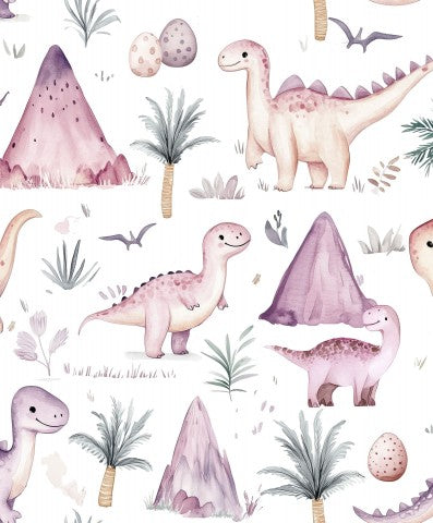 Akvarel dinosaurer og planter i satinbomuld