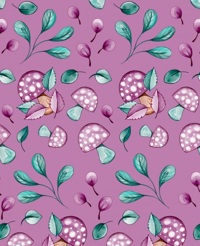 Schlüpferische Baumwolle-Canvas-Muster mit rosa Pilzen und Blättern: Viele kleine rosa Pilze auf grüner Unterlage, ideal für trendy Kleidungsstücke oder Access