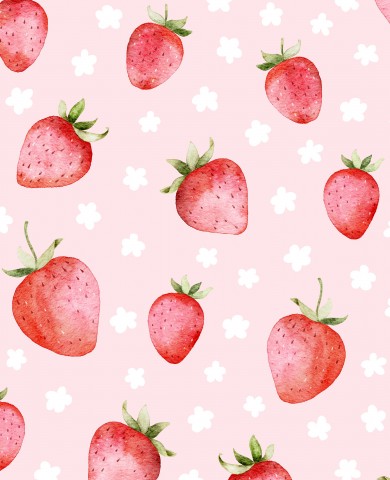 Waterproof fabric watercolor strawberry pattern on pink background