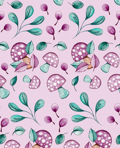 Muslin mushrooms and leaves on a pink background