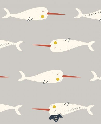 Muslin pattern of narwhals on a grey background