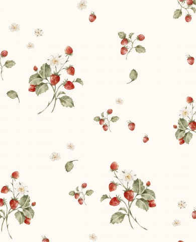 Muslin wallpaper with strawberries and daisies on it