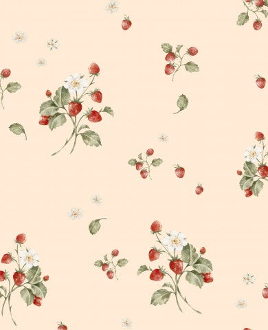 Satin cotton wallpaper with strawberries and daisies