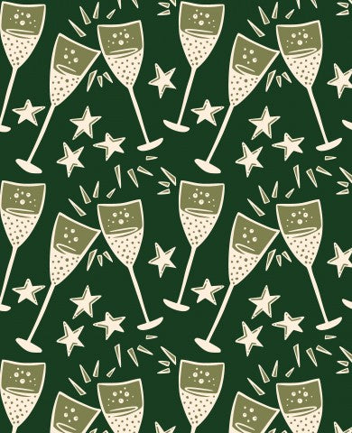 Satin cotton champagne glasses and stars on a green background