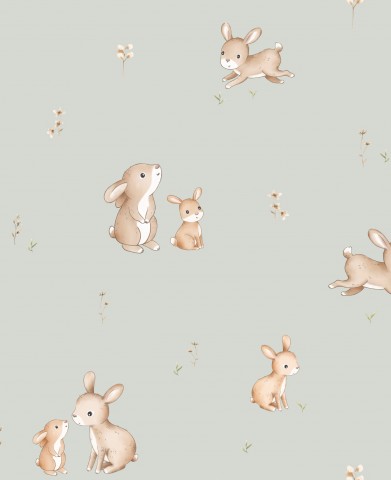 Rib Jersey bunny and flowers on light green background