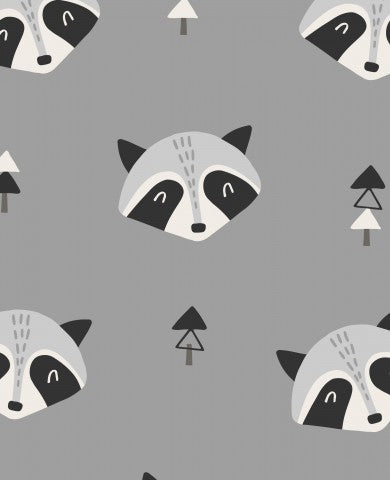 Satin cotton a grey and white pattern with raccoons on it