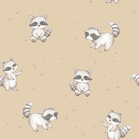 French Terry pattern of raccoons on a brown background