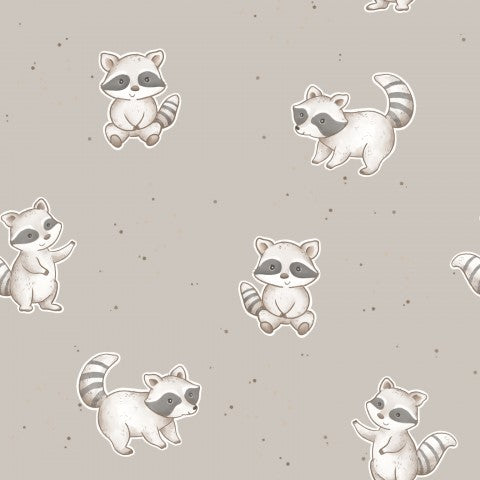 Satin cotton raccoon pattern on a grey background