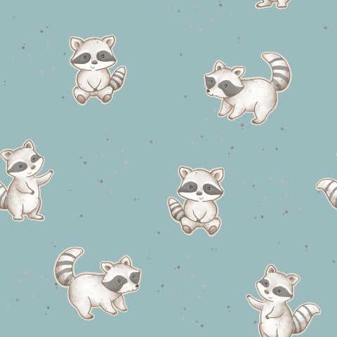 French Terry a raccoon pattern on a blue background