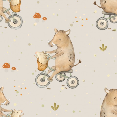 French Terry pattern of a bicycle-riding wild boar