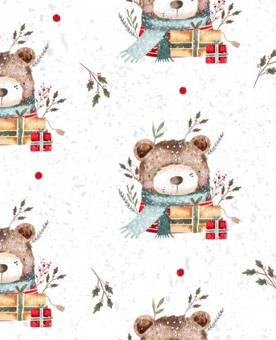 Satin cotton with a watercolor teddy bear and Christmas gifts