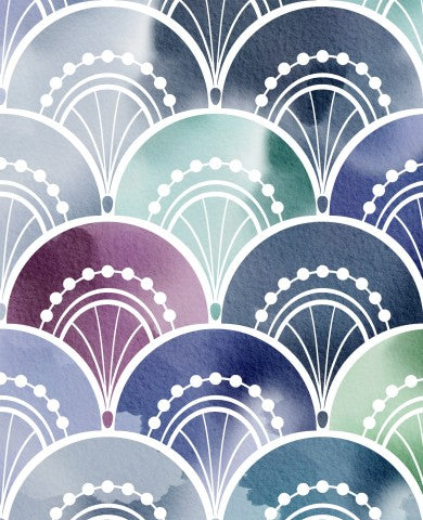 French Terry ein Aquarellmuster mit blauen, violetten und grünen Fächern