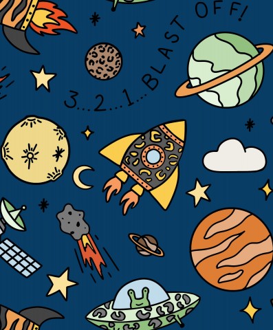 Satin Baumwolle Planeten und Raketen auf blauem Hintergrund