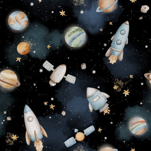 Stoff für Raumfahrer: Canvas Baumwolle Raumschiffe Schwarz Blau - hochwertige Meterware zum Nähen von Spacesuit-Effekten, ideal für Cosplay und Kostüme.