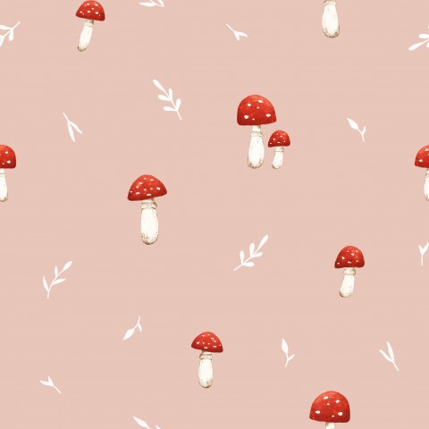 Satin cotton red mushrooms and leaves