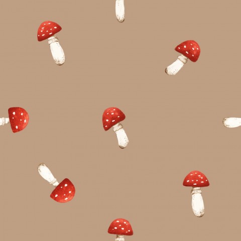 Rib jersey pattern of red and white mushrooms on a brown background