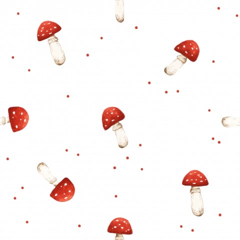 Entdecken Sie die einzigartige Kombination aus Canvas Baumwolle und farbenfroher Dekoration: Red Toadstool Mushroom Dots auf weißem Hintergrund. Ideale Meterwa
