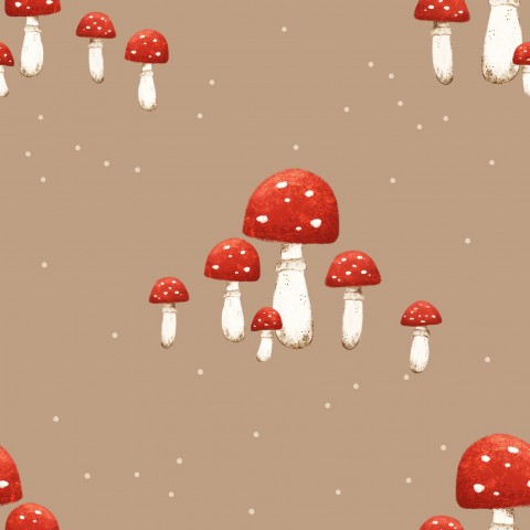 Scopri l'esclusivo motivo in tela di cotone con funghi rossi e pois caramello! Ideale per sarte e creativi per creare capi unici.