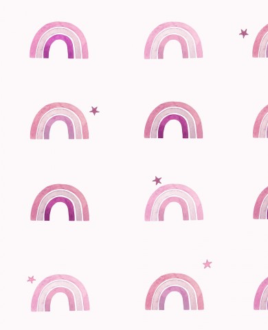 Raso di cotone rosa e viola con arcobaleni e stelle su sfondo bianco