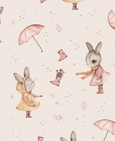 Jersey watercolor pattern with bunnies and umbrellas