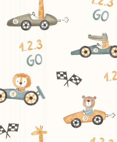 Jersey una carta da parati per bambini con un'auto da corsa, una giraffa e altri animali