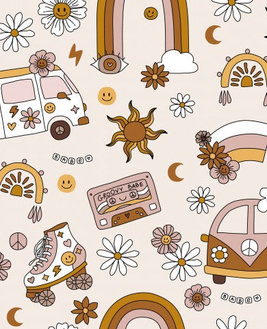 Vintage-Sommer-Flair zum Nähen: Retro-Bus Canvas 70er-Jahre-Blumen auf Baumwolle, 100% naturbelassener Stoff, Meterware für Eure kreativen Projekte.