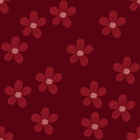French Terry a pattern of red flowers on a chestnut brown background