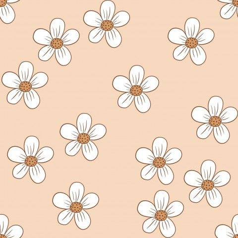 Il fascino retrò incontra la bellezza senza tempo: tessuto in tela di cotone con fiori color margherita su sfondo bianco e pesca, ideale per cuciture uniche