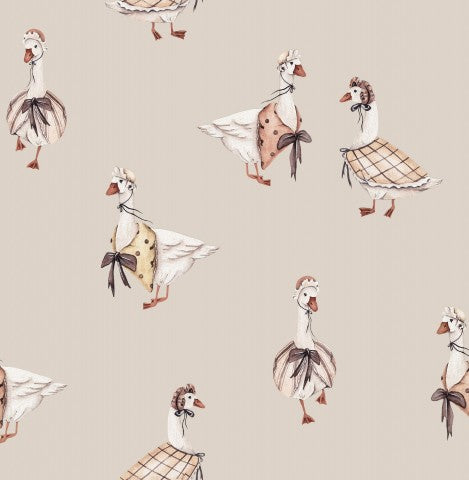 French Terry Muster von Enten und Gänsen in Kleidern