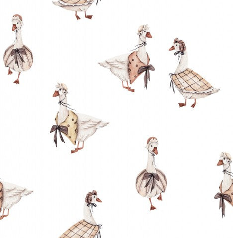 Muslin pattern of ducks in dresses on a white background